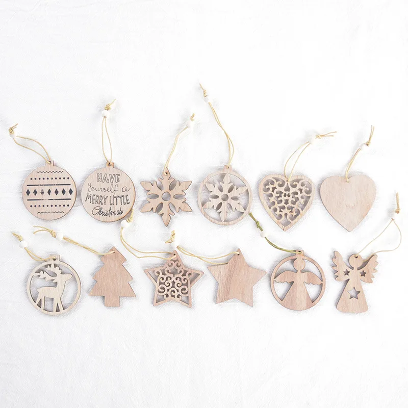 12Pcs Christmas Wooden Hollow Hanging Decoration Christmas Snowflake Elk Pentagram Hanging Decor Home Holiday Christmas Decor