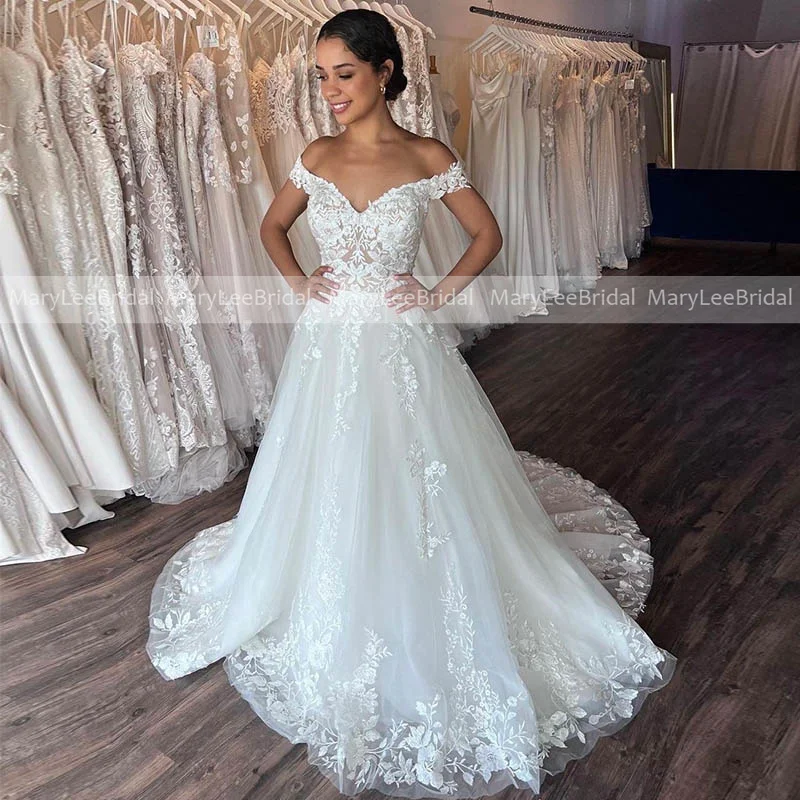 

Elegant A-line Wedding Dress Illusion Bodice Off the Shoulder Floral Appliques Bride Gowns Classic White Princess Wedding Gowns