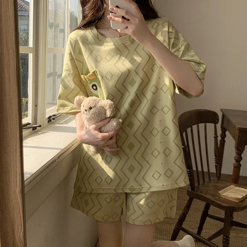 Summer Cotton Cartoon Pajamas Sets Women Pyjamas Sleepwear Nightwear Pijama Calf-Length Pants Homewear Comfort Fashion Pijamas