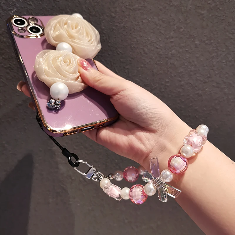Mobile Phone Lanyard Short Wrist Strap Hand-beaded Diamond-shaped Beads Bow Pendant Pendant Hand-held Chain Anti-los