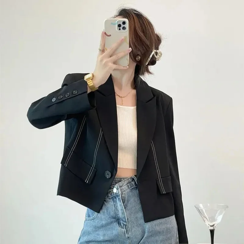 

Fashion Crop Office Blazers Jackets Women Vintage Notched Striped Solid Blazer Autumn Long Sleeve Button All Match Coats