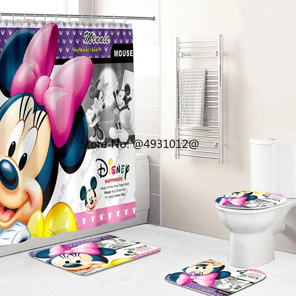 

Disney Mickey Minnie Mouse Shower Curtains Bathroom Set Flower Anti-skid Rugs Toilet Lid Cover Bath Mat Sets Home Decor