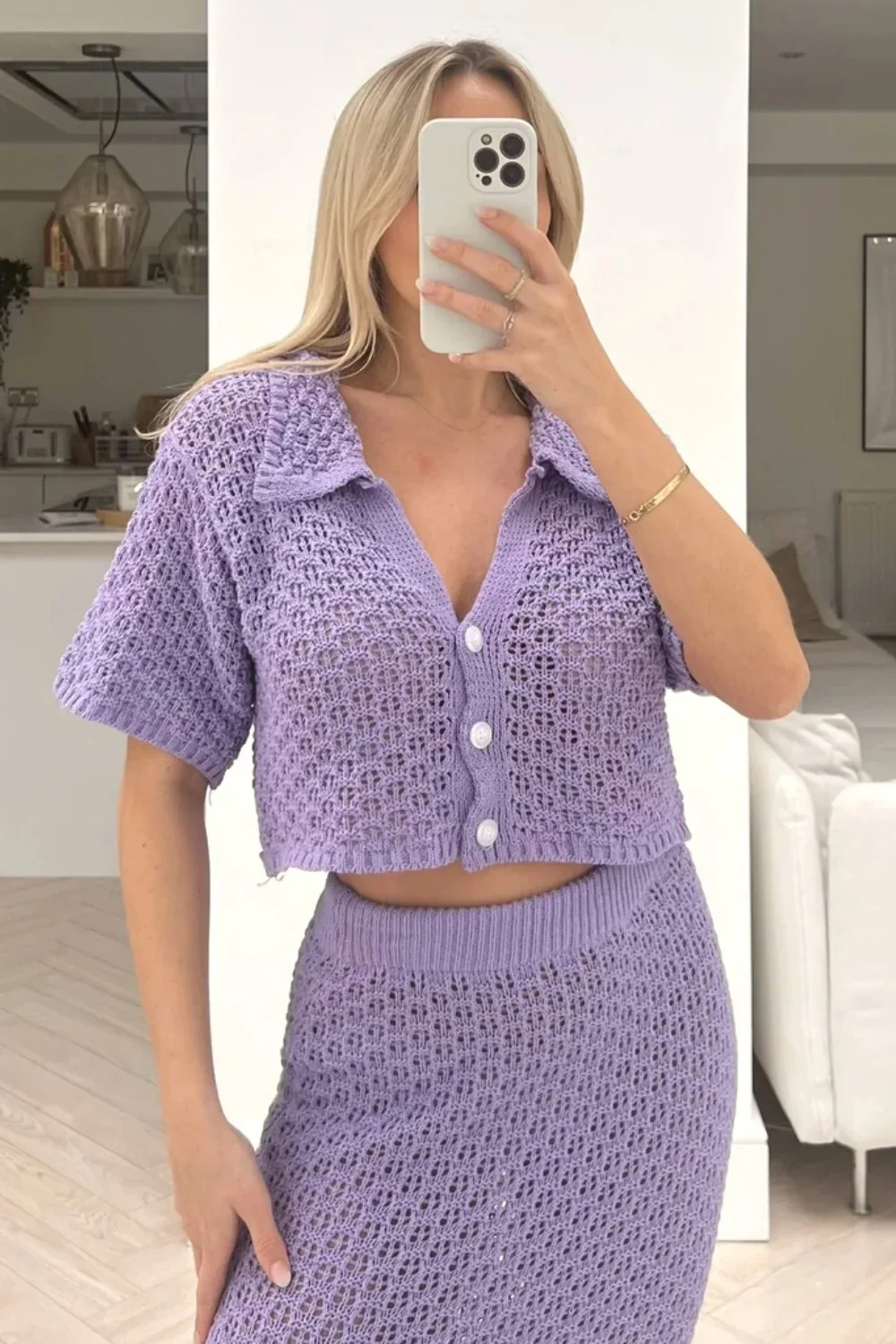 Knit Hollow Out 2 Piece-Set Long Skirt Women's Cropped Top Cardigan And High Waist Maxi Skirt Outfits Female Clothes