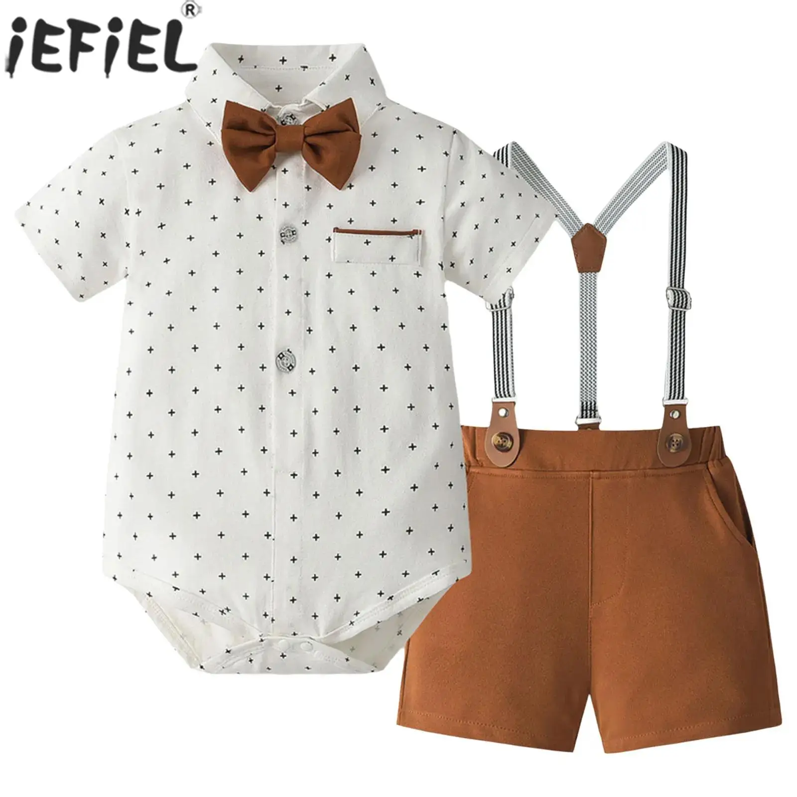 

Little Boys Summer Formal Gentleman Suit Baptism Birthday Wedding Party Outfit Short Sleeve Romper with Bow Suspender Shorts Set