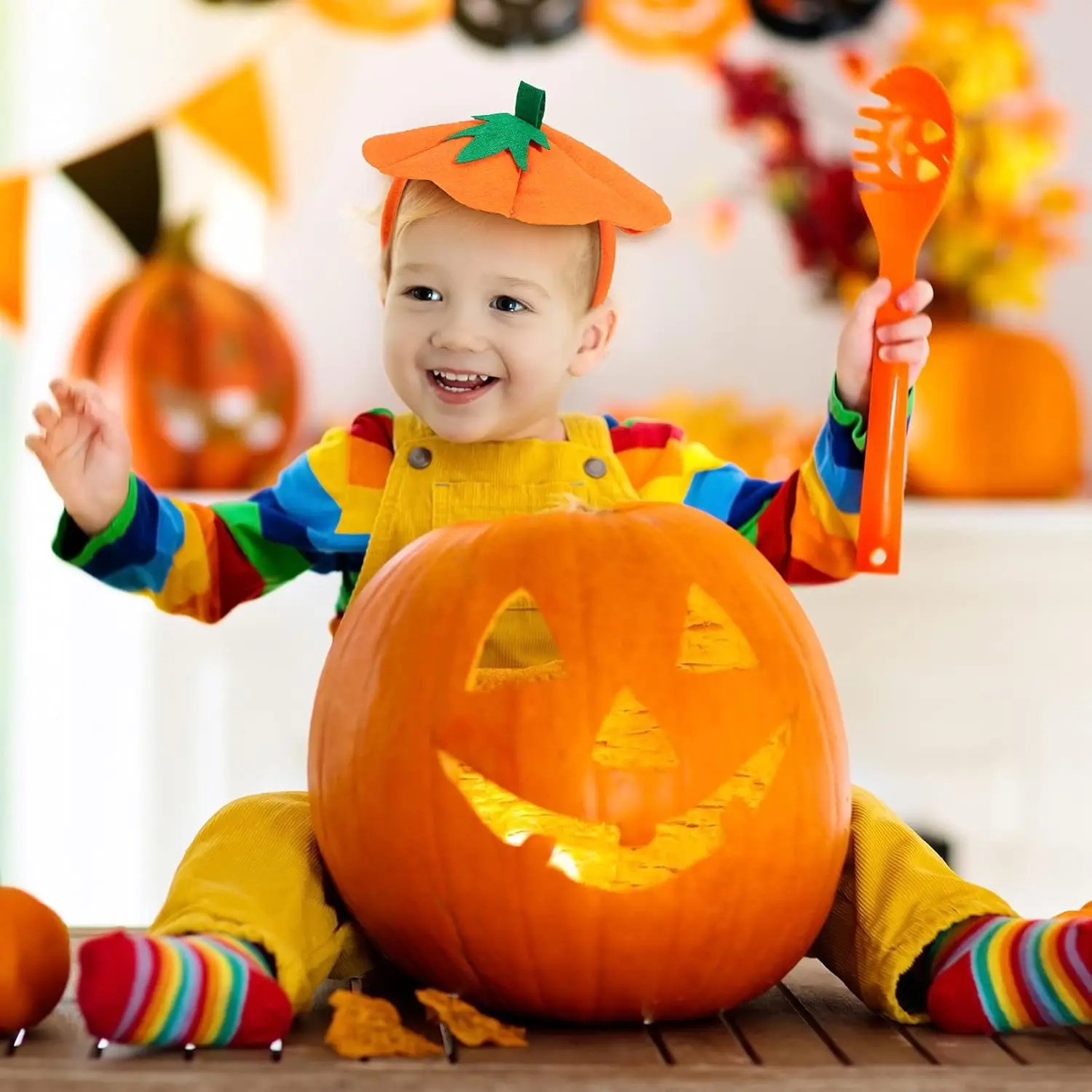 4 Pieces Funny Halloween Pumpkin Headbands SET -Elastic for Halloween Costume birthday family Party Supplies Costume