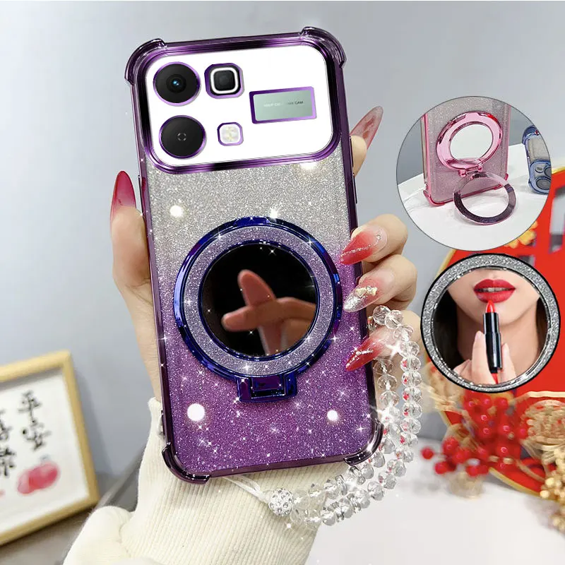 Glitter Four-Corner Shockproof Phone Case with Mirror Stand and Beaded Strap