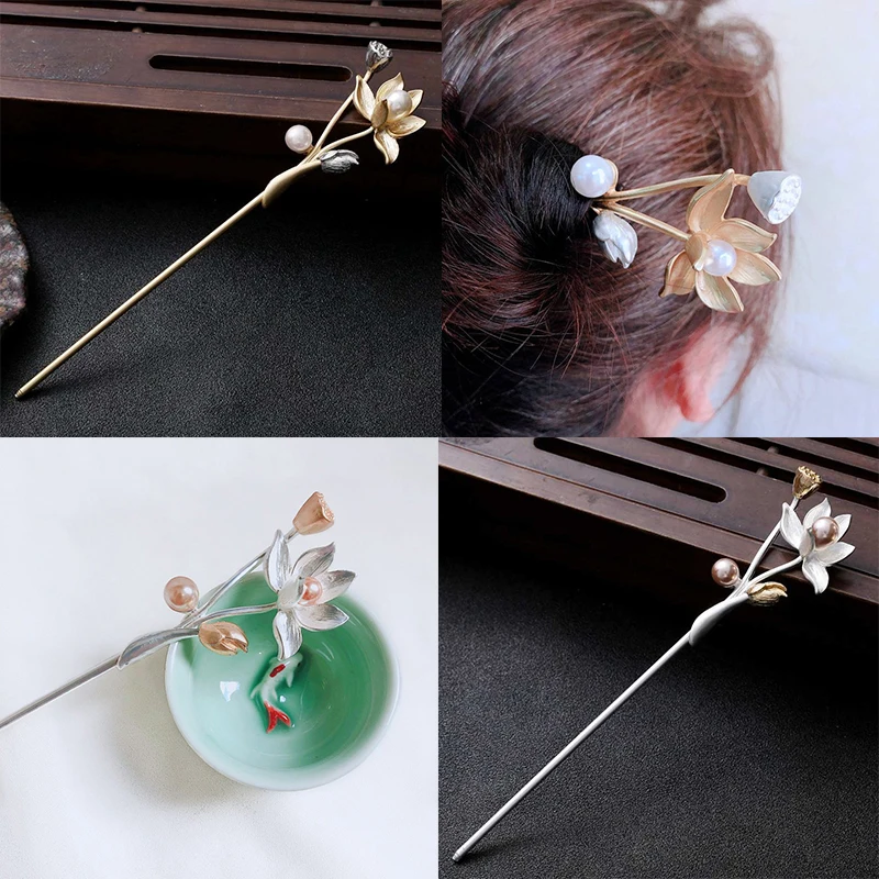 

Hair Pins Hair Jewelry Banquet Women Long Hairpin Stick Metal Lotus Flower Vintage