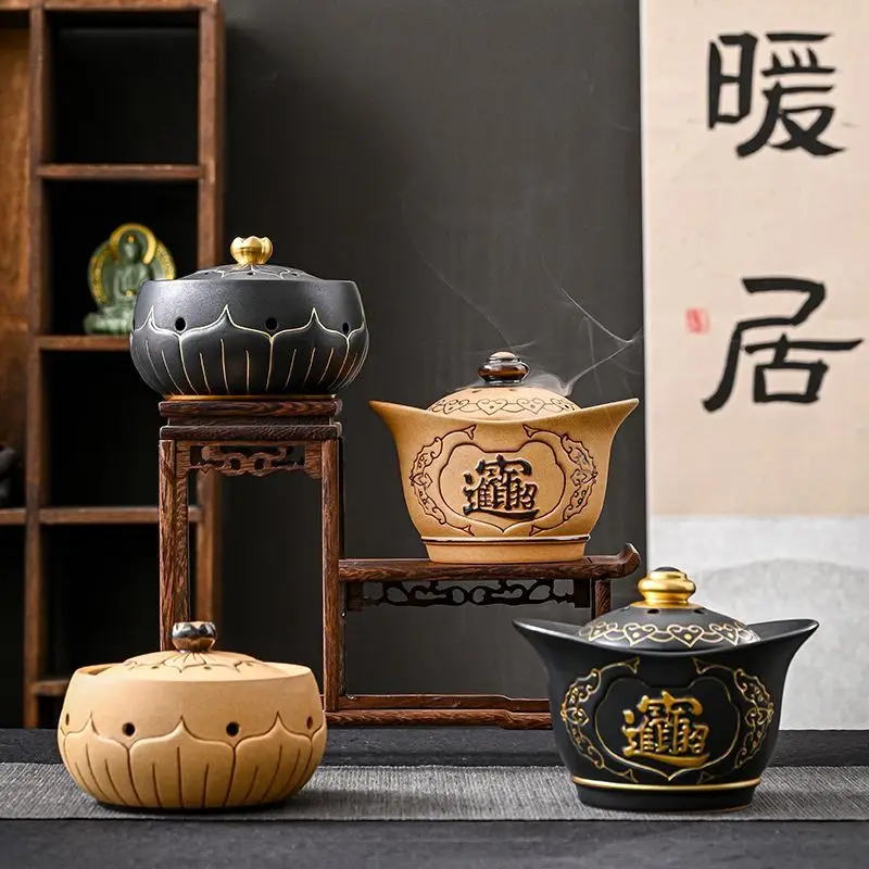 Coarse Ceramic Lotus Shape Incense Burners, Retro Indoor Aroma Rack, Chinese Zen Tea Living Room Decor Home Fragrance Stove, 1Pc
