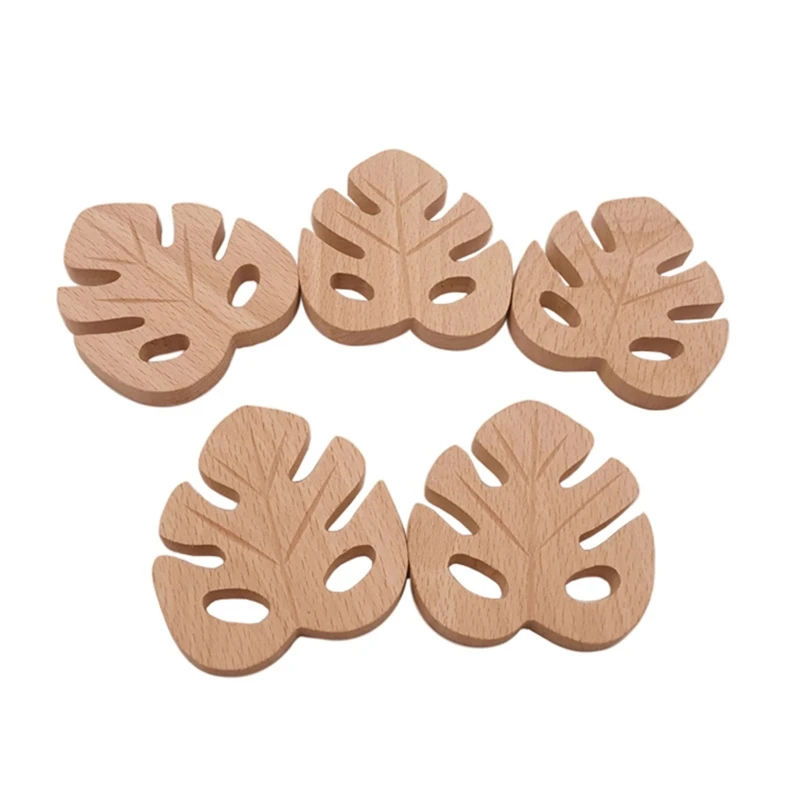 Baby Teething Toys 1pc BPA Free Beach Wood Baby Teether Leaf Shape Wooden Newborn Teething Ring Unfinished Baby Grasping Montessori Bracelet Toys