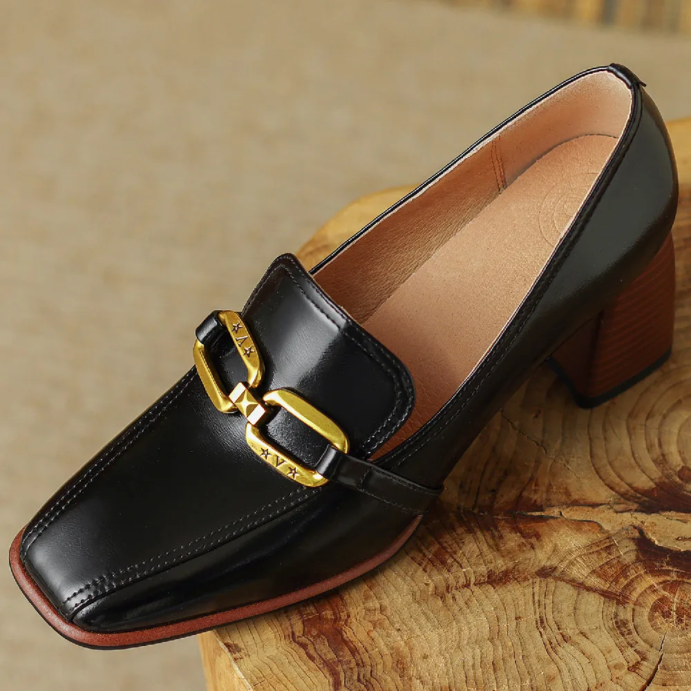 

Women's genuine leather thick high heel square toe slip-on pumps metal chain decoration OL style female soft comfortable shoes