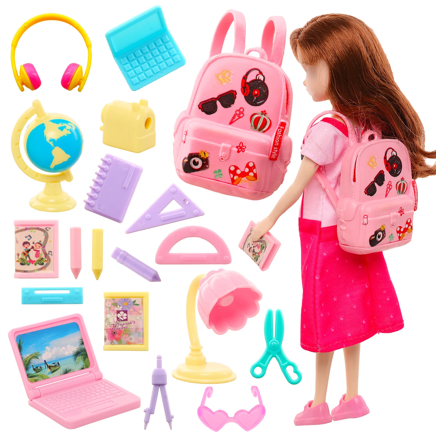 

Barwa Miniature Dollhouse Study Accessories for Barbie 18 items Mini Laptop Ruler Globe Pencil Table Lamp for Barbie Kids Toys
