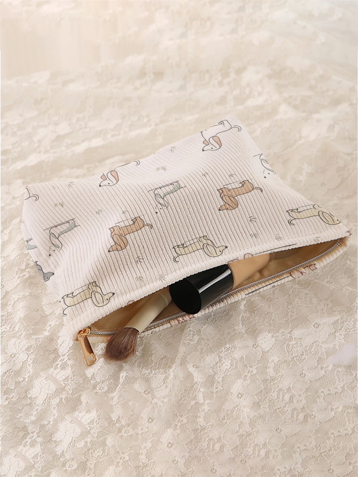 1pc cartoon dog pattern printed corduroy makeup bag, lightweight zipper makeup storage box, multifunctional bag with lining