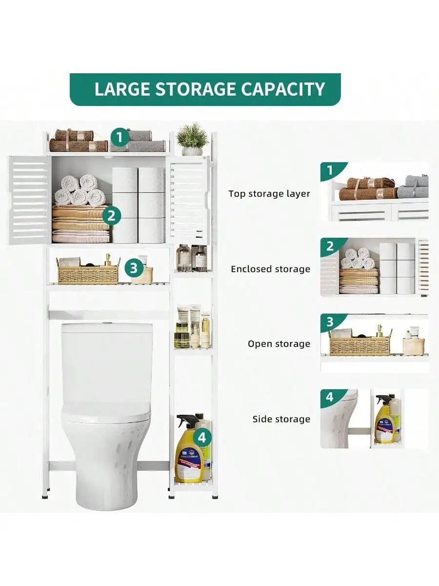 Over The Toilet Storage Bamboo Over-The-Toilet Cabinet with Shelf and Waterproof Feet Pad Space Saver Storage Rack for B 5
