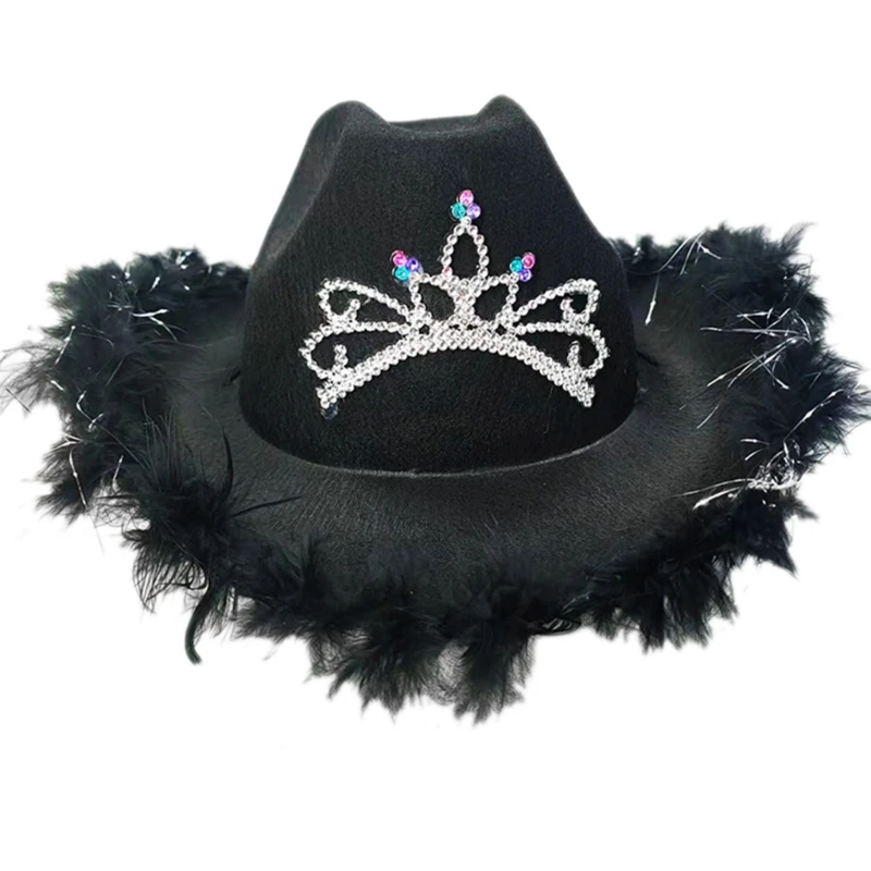 Cowgirl Hats Cow Girl Hat with Rhinestones Crown Tiara Feathered Trim Adjustable Strings Adult Size Cowboy Hat for Party 1