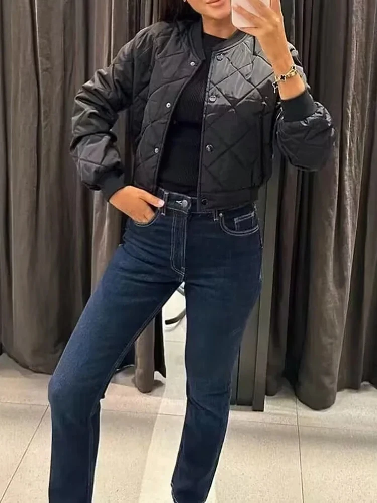 

Женская Осенняя Повседневная однобортная черная короткая парка 2023, верхняя одежда, женская теплая зимняя куртка-бомбер с О-образным вырезом и длинным рукавом