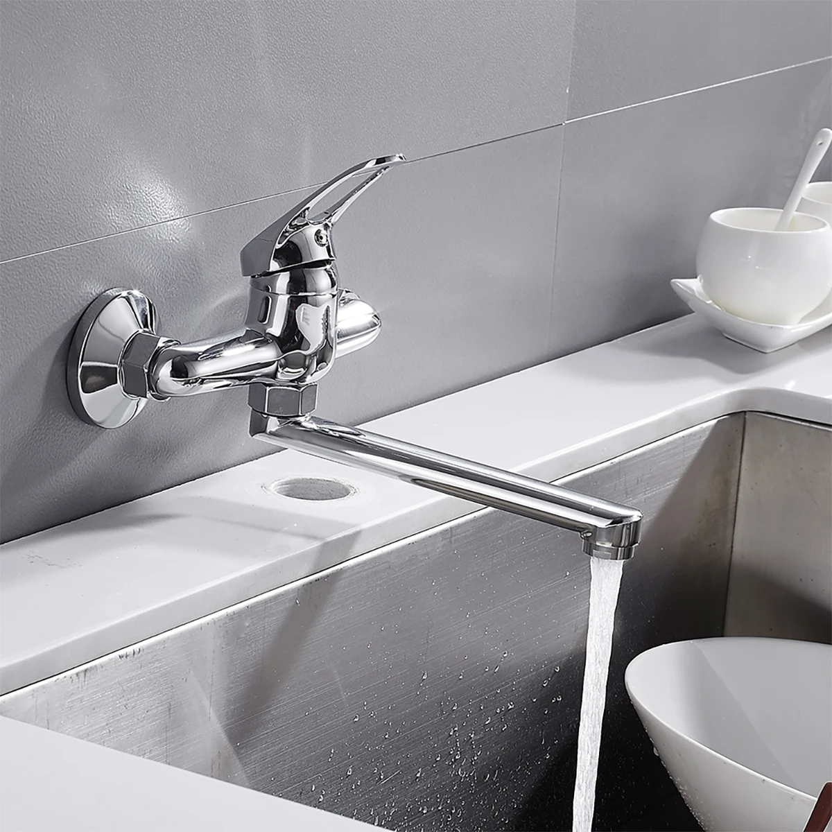 Wall Mounted Brass Kitchen Sink Faucet Mixer Tap