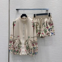 Short Sets Women Spring Summer Cotton Blend Stand Collar Zipper Coat and Elastic Waist Shorts Sets Casual Sporty Loose Clothing 1
