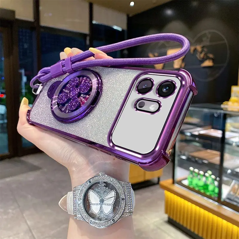 Gradient Glitter Electroplated Phone Case with Hand Strap