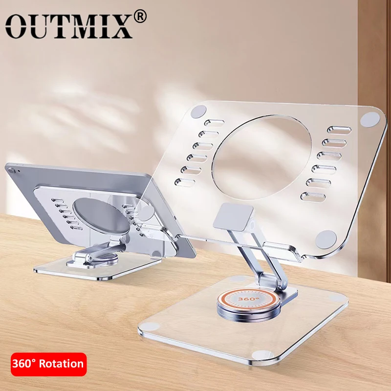 Suporte para Tablet Dobrável Suporte Acrílico Transparente Rotação de 360 ° Suporte de Refrigeração Oca Suporte de Liga de Alumínio Mesa para Ipad