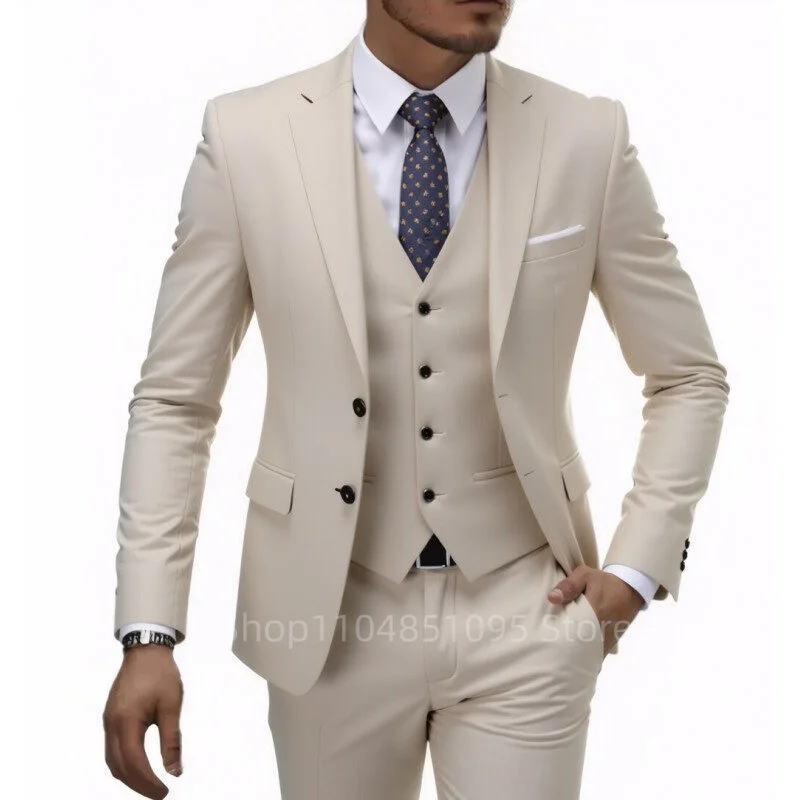High Quality Formal 3 Piece Men Suits Single Breasted Blazer Vest Pants Slim Fit Wedding Business Costume Homme for Party Prom