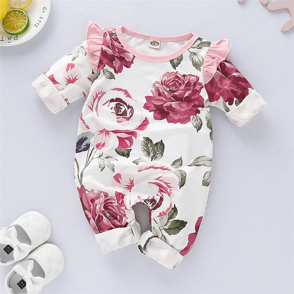 024MonthsNewbornBabyGirlPinkFloralPrintLongSleeveRomper