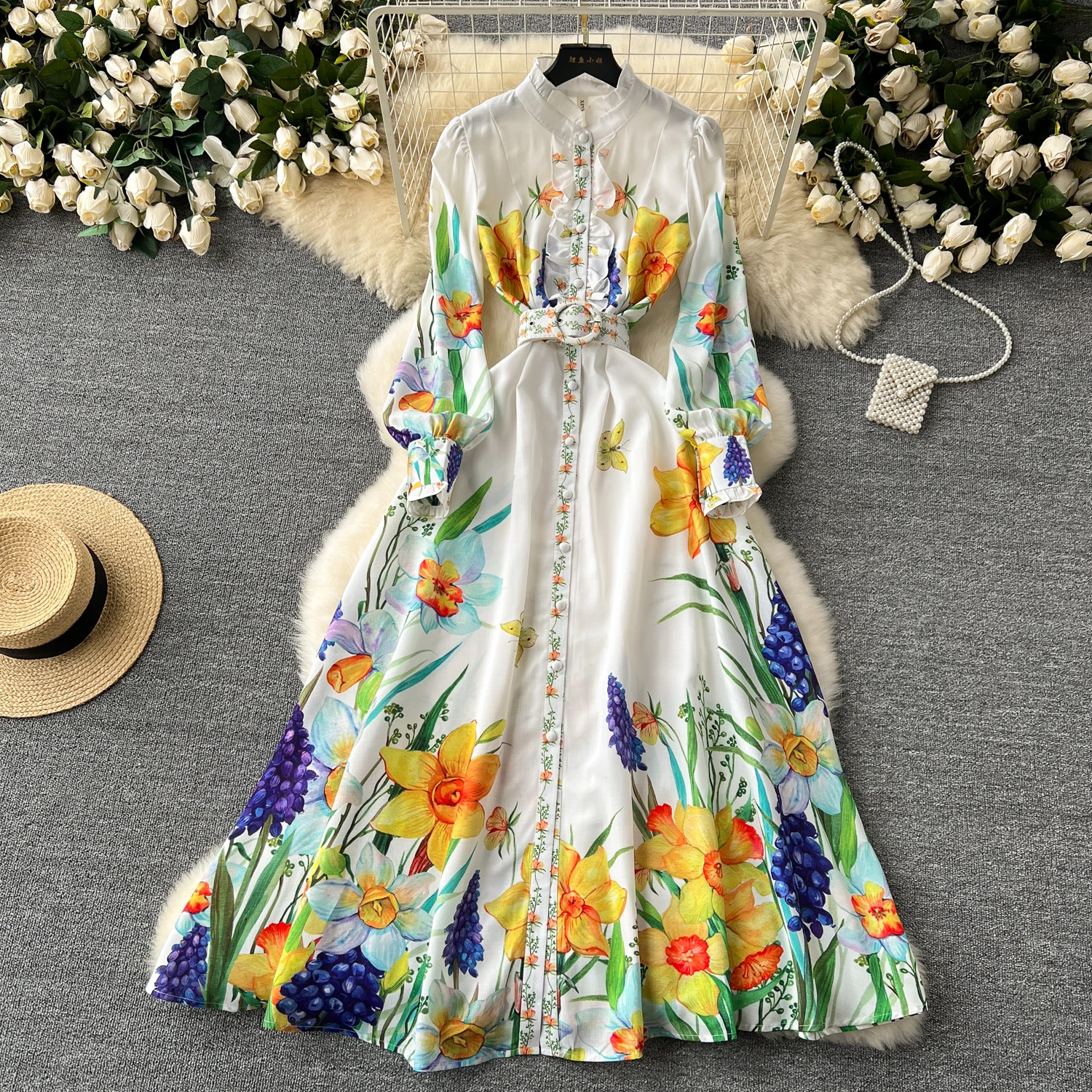 

Harajpoo French Vintage Elegant Dress Women High End Exquisite Evening Dress Fresh Print Waist Wrap Holiday Vestidos