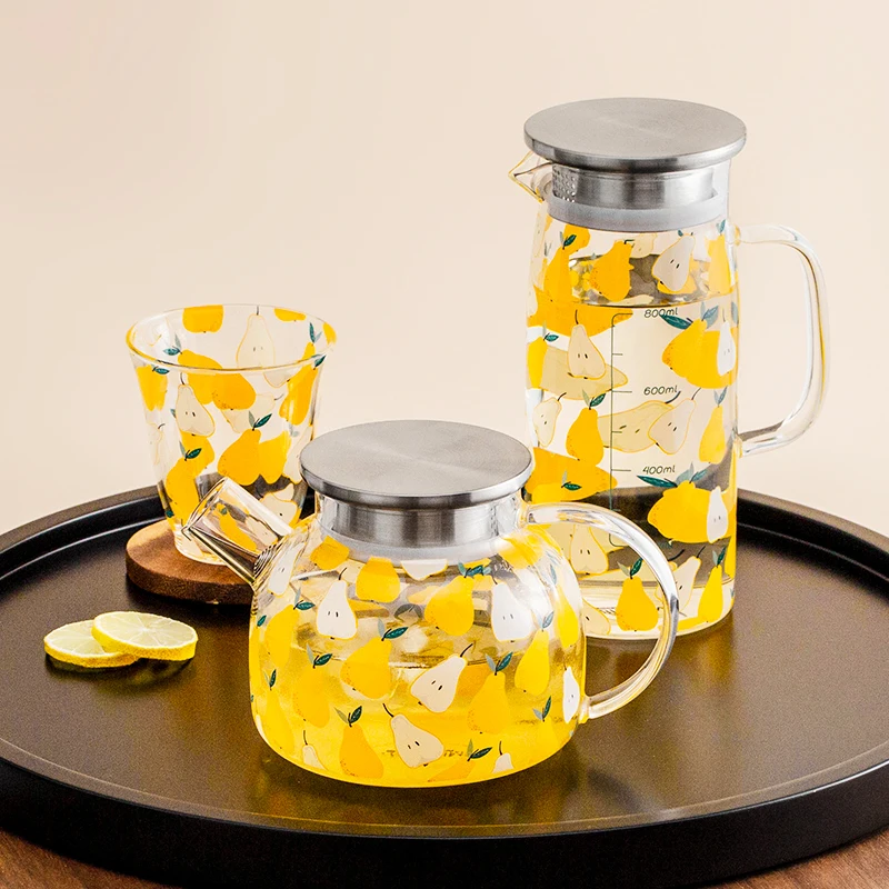 JINYOUJIA-Borosilicate Glass Teapot Set, Fruit Pattern, Heat-Resistant Tea Pot, Water Cups, Office Home Juice Cold Kettle, 1.6L