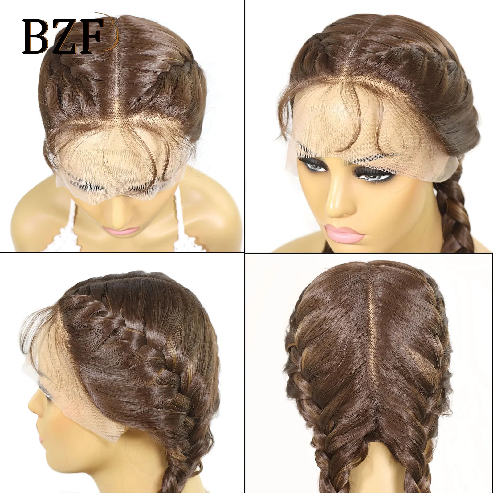 26Inch Brown Braided Wigs Middle Part Synthetic Double Dutch Box Braided Wig With Baby Hair Pink/Red Lace Front Wigs For Women