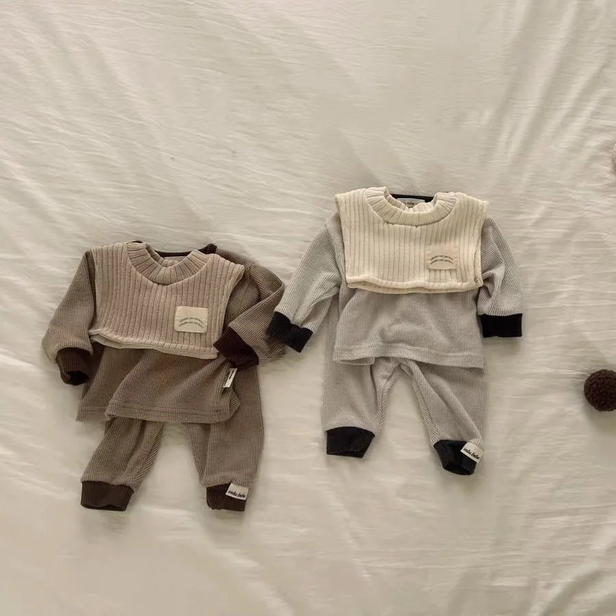 가을 겨울 어린이 단색 두꺼운 긴팔 티셔츠 정장, 소년  면 캐주얼 상의 및 바지,  패션 티 세트, 2 개