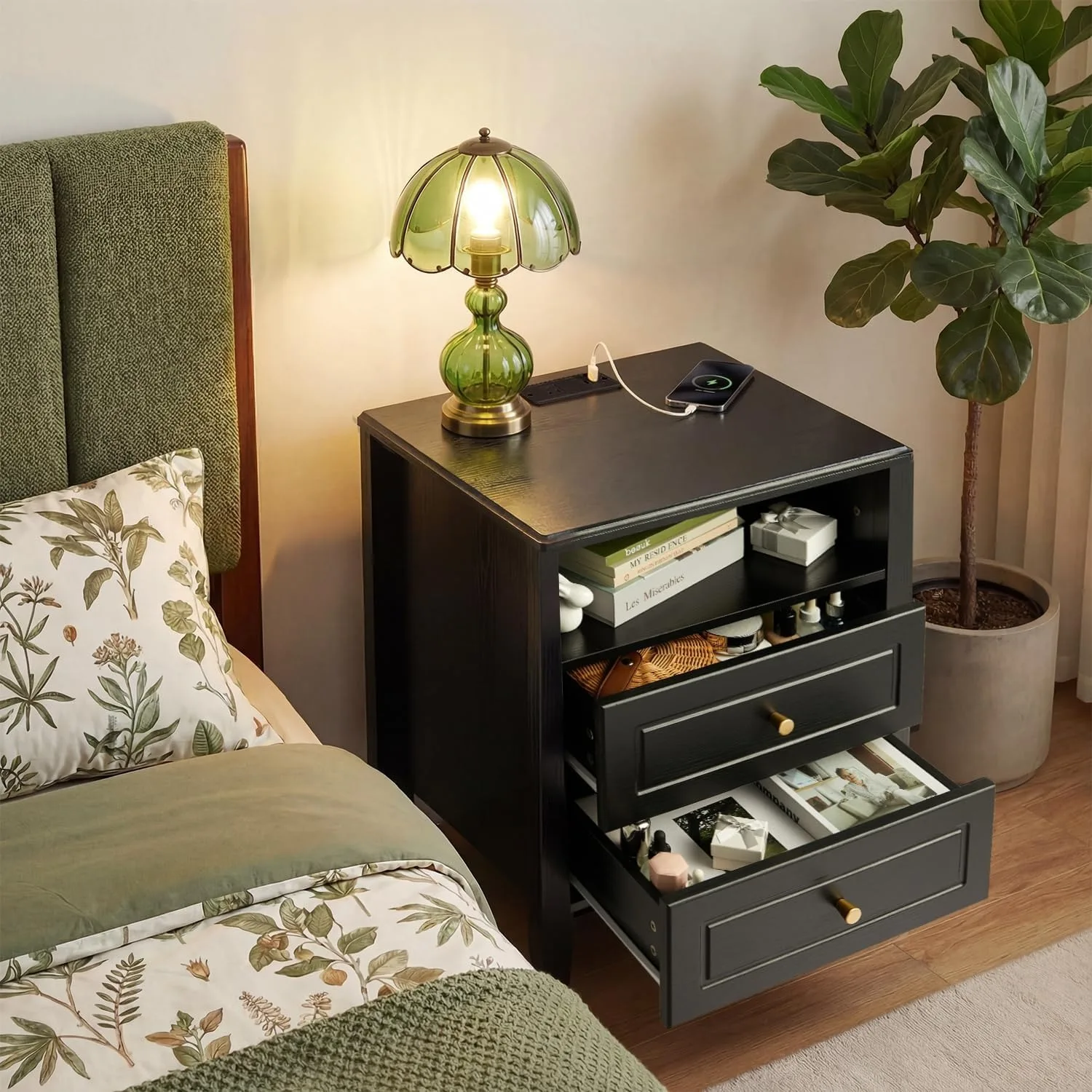 Nightstand with Charging Station 2 Drawers and Open Shelf Modern Bedside Table End Table with USB Type C Port AC Outlet Farmhouse Storage Cabinet for Bedroom Living Room Dorm Black 9