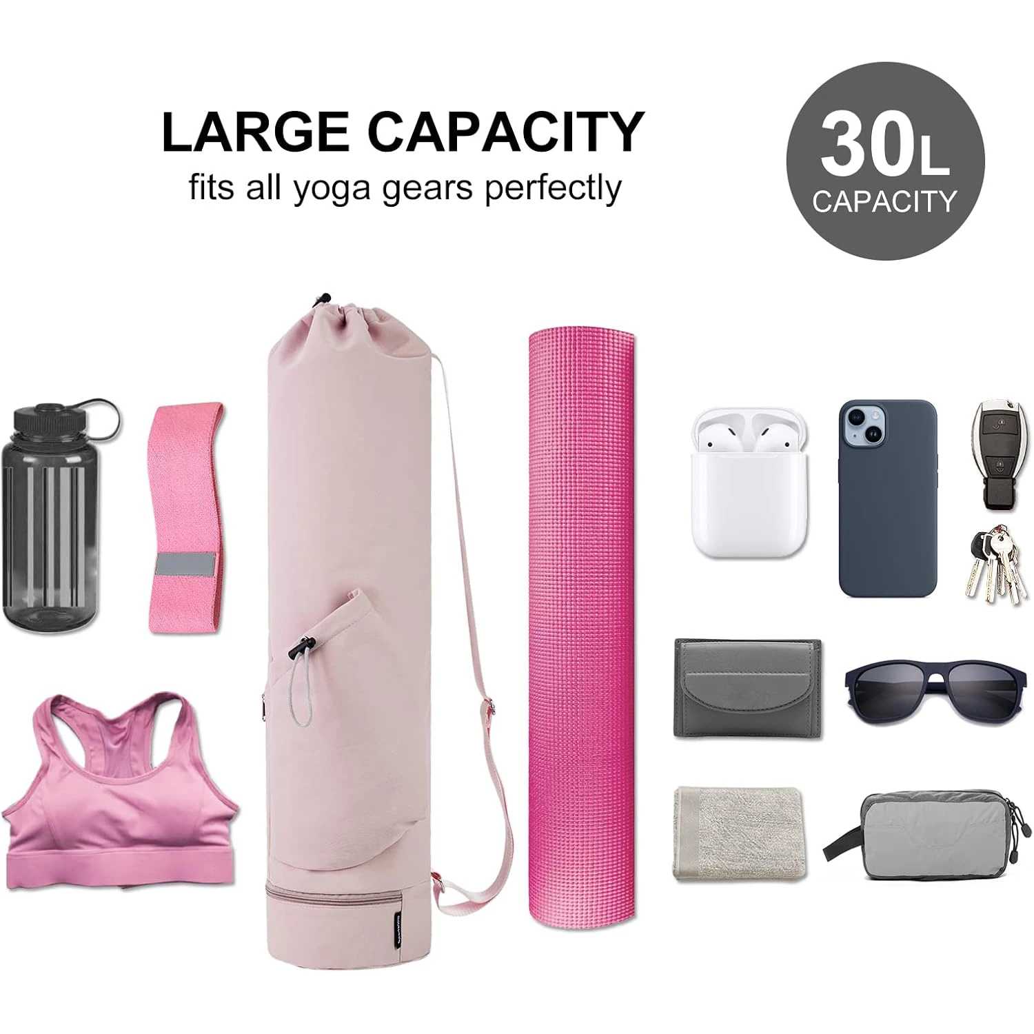 Yoga Mat Bag-Large Opening Long Tote Carrier with Waterproof Wet Pocket and Drawstring Water Bottle Pocket Adjustable Strap
