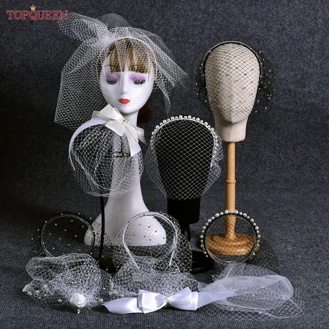 TOPQUEEN VA13 Wedding Birdcage Veil Bridal Blusher Veil White Headband Veil for Bridal Fascinators Black Face Net Mask Bachelore 1