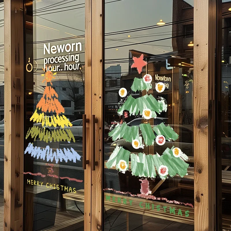 Christmas Tree Stickers Retail Store Wall Art Canvas Display Window Glass Door Decoration Static Cling Christmas Decorative