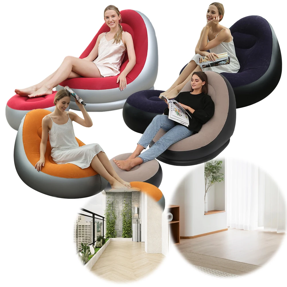 PVC Flocking Inflatable Couch Blow Up Lounger Chair Foldable Recliner Sofa Chair for Camping Fishing Party Beach Hiking
