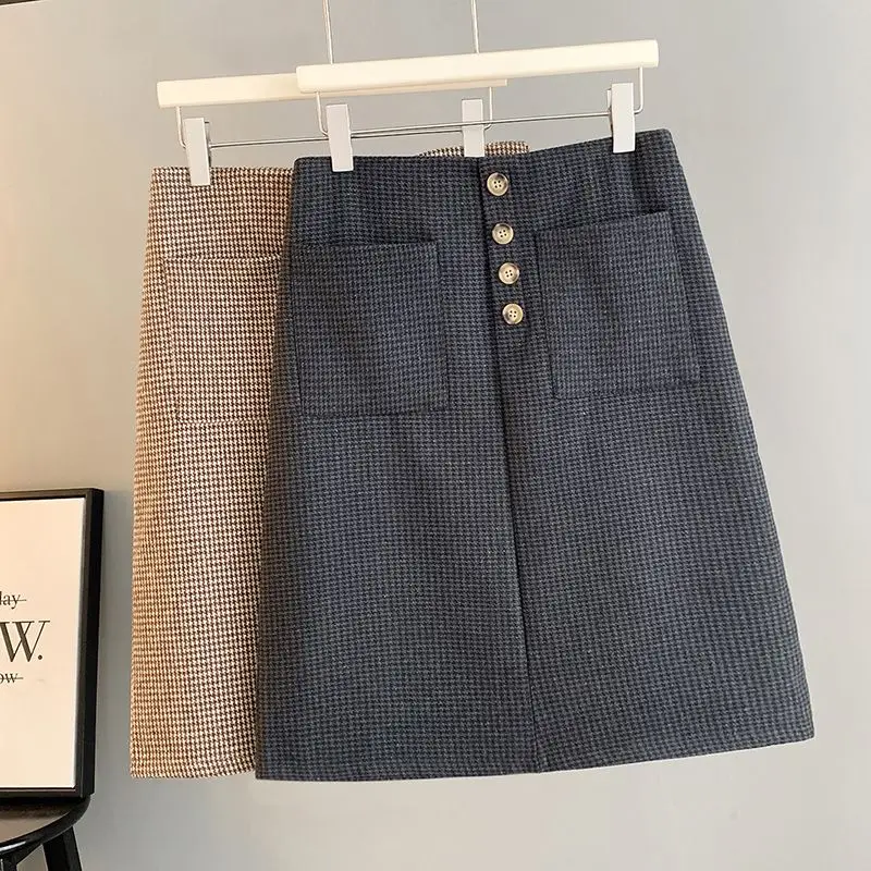 

Split Woolen Houndstooth Pocket Skirt Women Autumn Winter Thickening 2023 New High Waist Slim Mid-Length Skirts Women's Cover