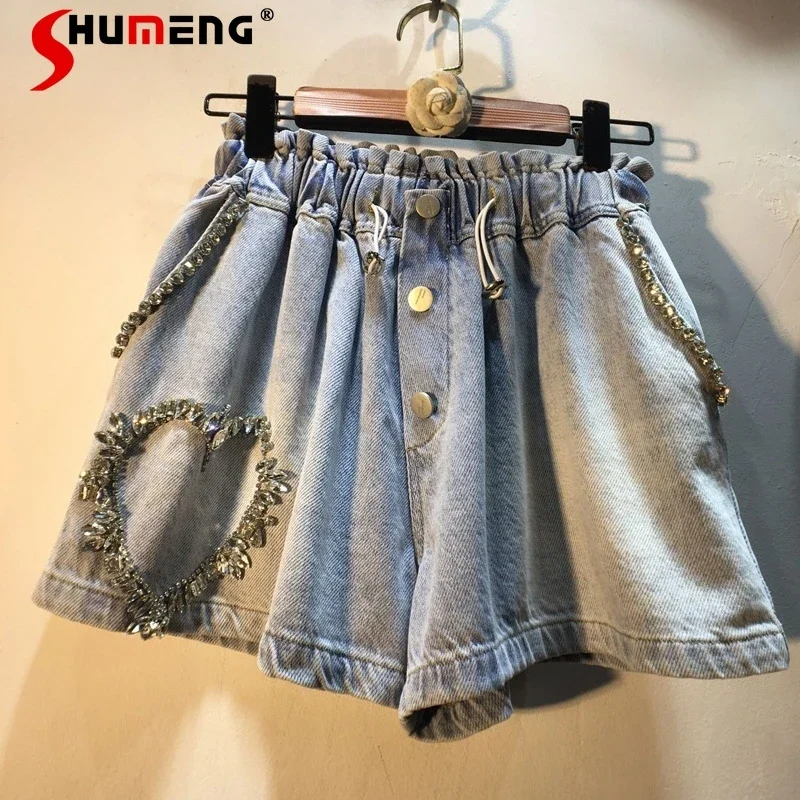 

2022 Summer Exquisite Rhinestone Love Blue Denim Shorts Women Elastic High Waist Loose Slimming Wide-Leg Jeans Shorts Hot Pants