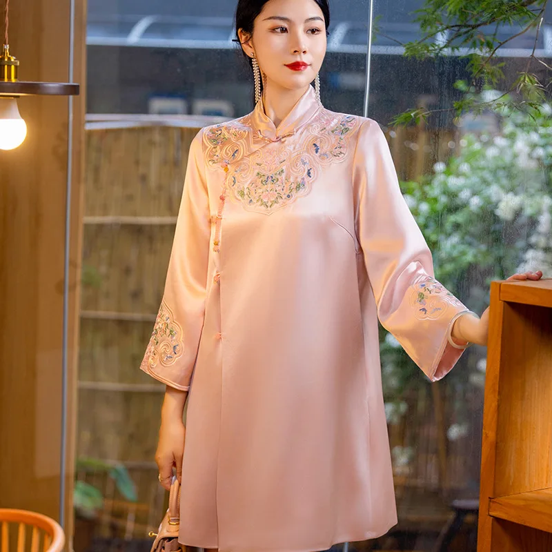 

Autumn New Chinese Style Stand Collar Vintage Palace Embroidery Oblique Front Single Breasted New Cheongsam Dress S-XXL