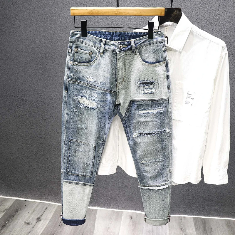 Men Jeans Ripped Jeans Ripped Patchwork Jeans Autumn Winter Men's Straight Slim Ripped Hole Patch Vintage Distressed Fashion Splicing Denim Pants Streetwear