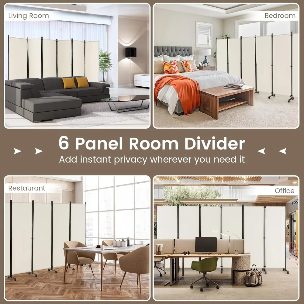 6 Panel Room Divider, 132''W x 68''H Large Folding Privacy Screen, Rolling Partition Room Dividers for Home Office Separation