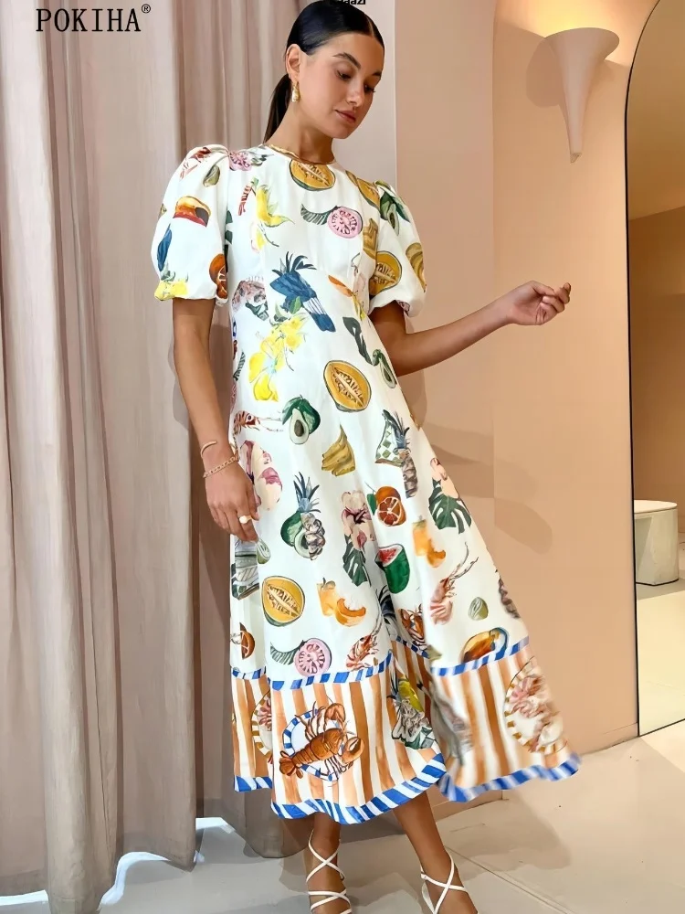 

Short Sleeve Fashion Vintage Print Maxi Dress Casual Summer Round Neck Puff Sleeve Loose Women Long Dress Slim Fit Elegant Robe