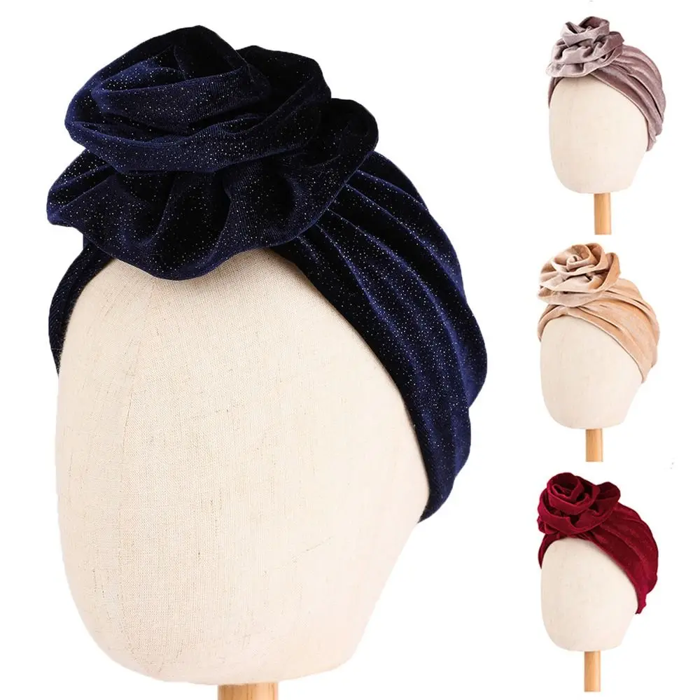 

Velvet Flower Headband Hat Luxury Headscarf Stretch Bandana Headwear Cap Warmth Floral Turban Women