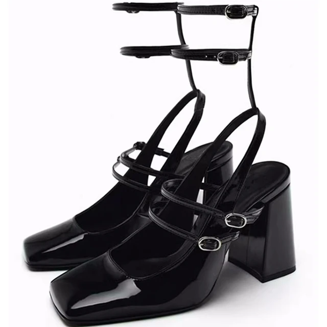 Women Mary Jane Shoe Black Leather Ankle Strap Multi-strap 