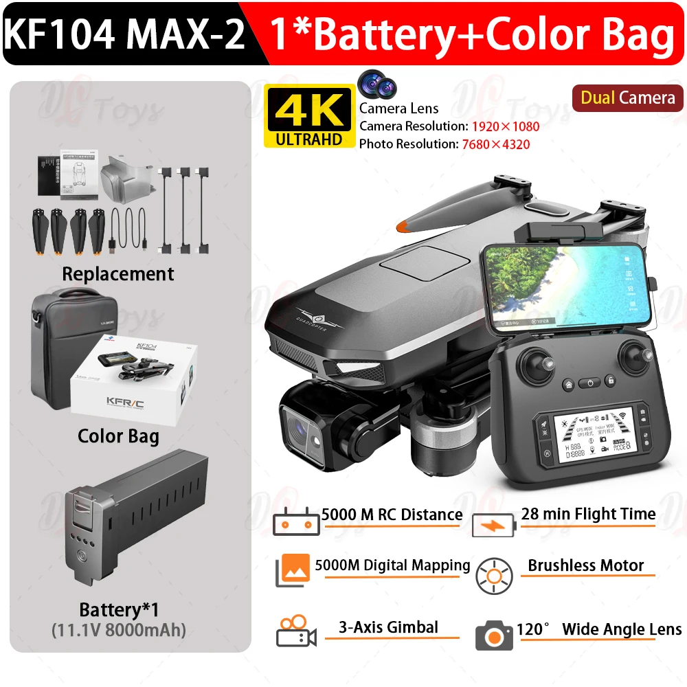 KF PLAN Drone KF104Max2 Télécommande Avec écran Tactile Caméra Stable 4k ( Réel) HD Drone Professionnel WIFI Distance Aérien 6km 90 Minutes De Vol (2 Batteries
