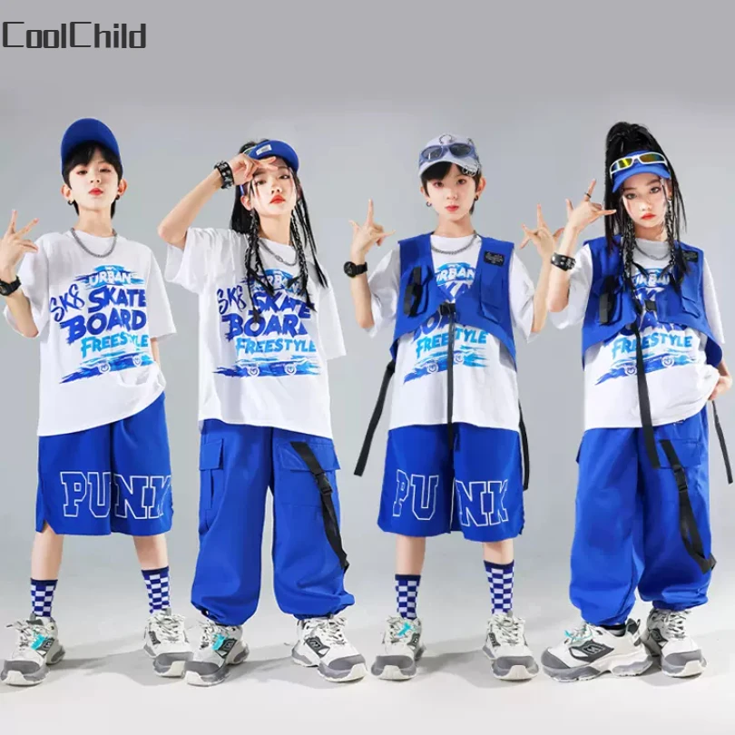 Boys Streetwear Girls Hip Hop Solid Vest T-shirt Cargo Pants Kids Street Dance Shorts Clothes Sets Children Jazz Cool Costumes kids streetwear sets