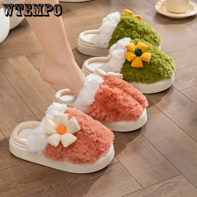 

Женские зимние теплые плюшевые тапочки с симпатичным цветком и пушистым мехом, плюшевая обувь для спальни для женщин и мужчин, домашняя уличная нескользящая обувь на платформе