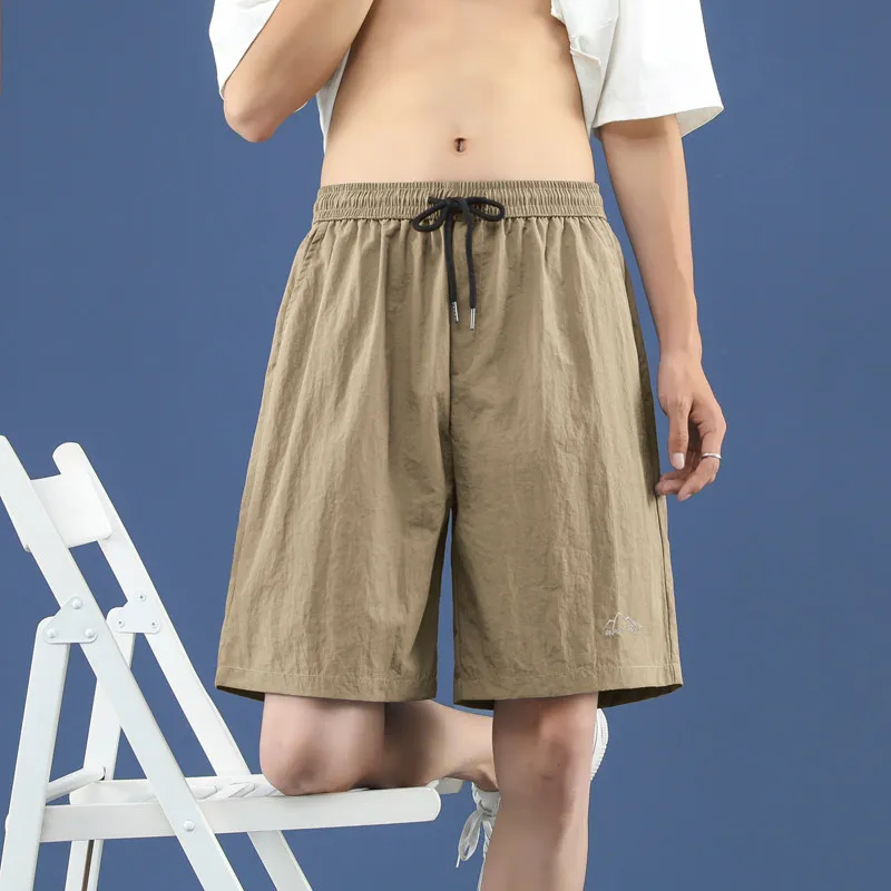 Fashion Elastic Solid Color Embroidery Straight Casual Shorts Men's Clothing 2024 Summer New Loose All-match Knee Beach Shorts