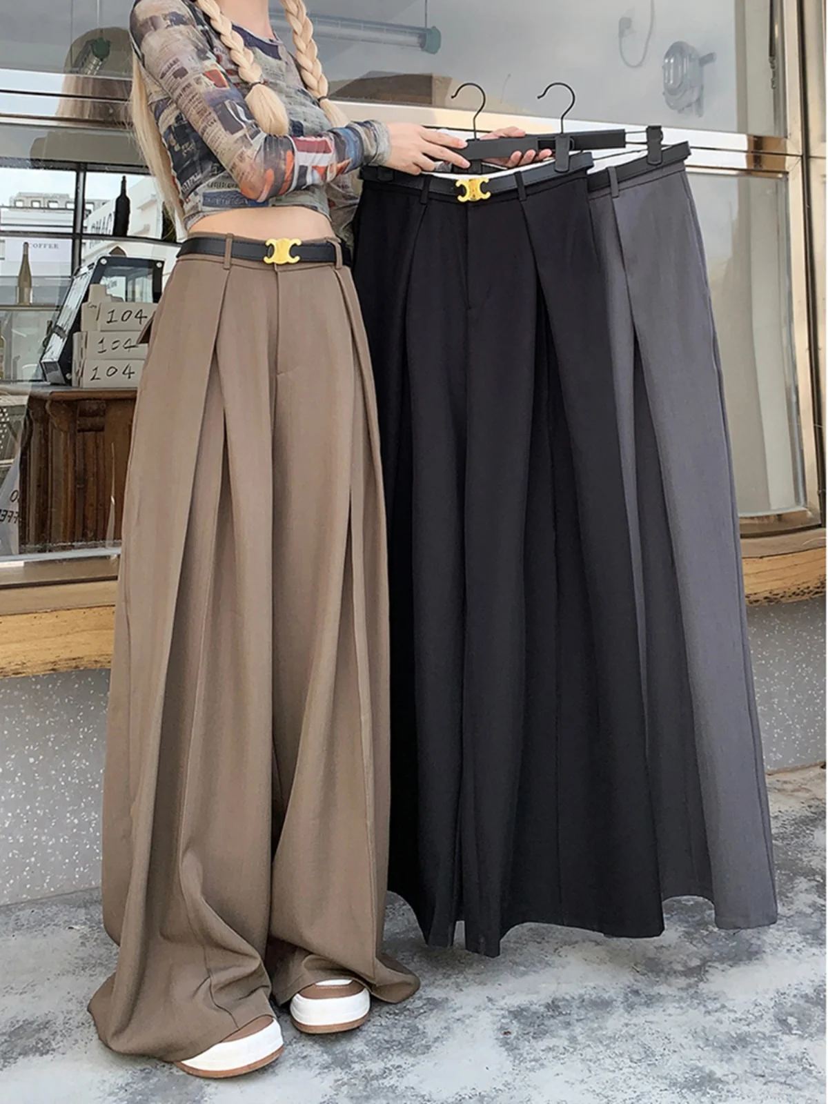 사무복 바지 여성용 가을 한국어 버전 2024 새로운 하이 웨이스트 디자인 루즈..