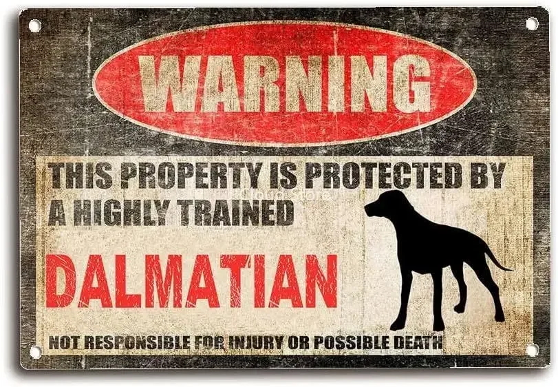 

Tin Sign Beware Dog Tag Fence Dalmatians Sign This Property is Protected Funny Metal Tin Sign Vintage Signage Cafe Home