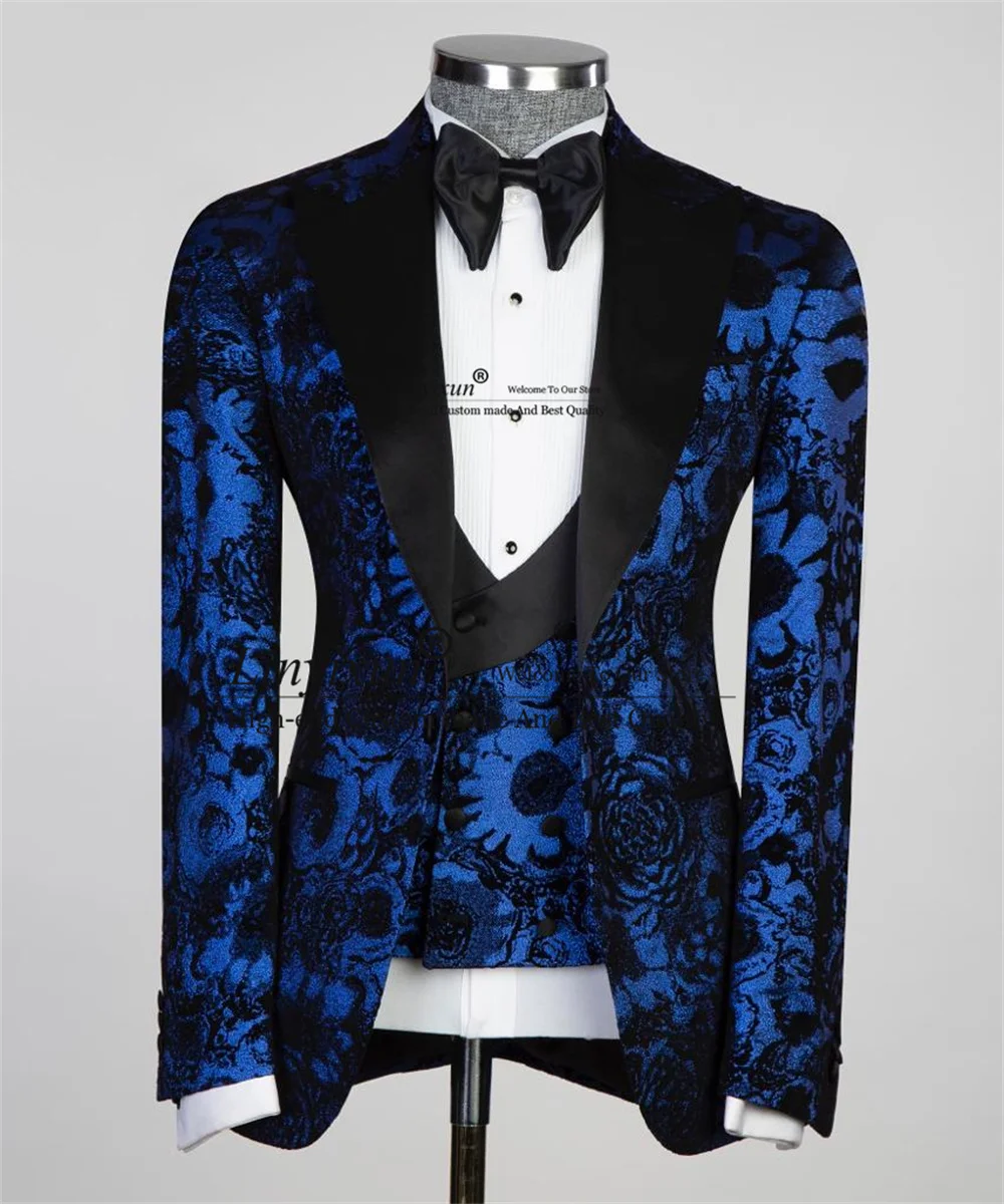 Fashion Jacquard Men Suits Notched Lapel Groom Wedding Tuxedos Male Prom Blazers Vest Pants Outfit 3 Pieces Sets Costume Homme