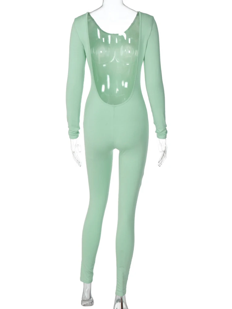 Sibybo Jumpsuits For Women Sexy Backless Solid Color Long Sleeve Romper Round Neck Mid-waist High Elastic Slim-fit Sportswear